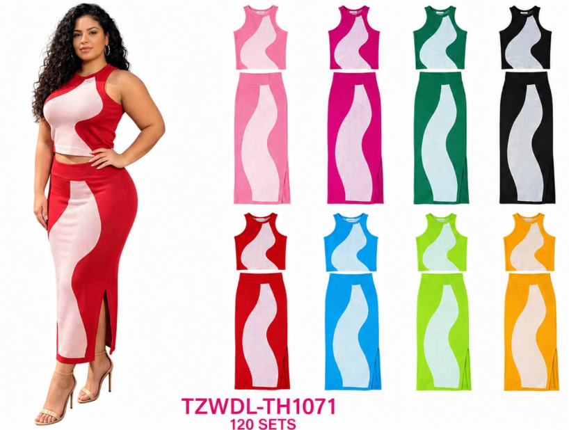 Ensemble 2 Pièces Tricoté Crop Top et Jupe Longue Ondulée TZWDL-TH1071
