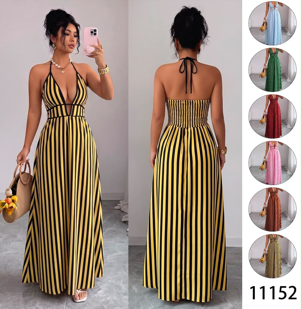 Robe longue rayée jaune et noire avec décolleté en V plongeant et style dos nu